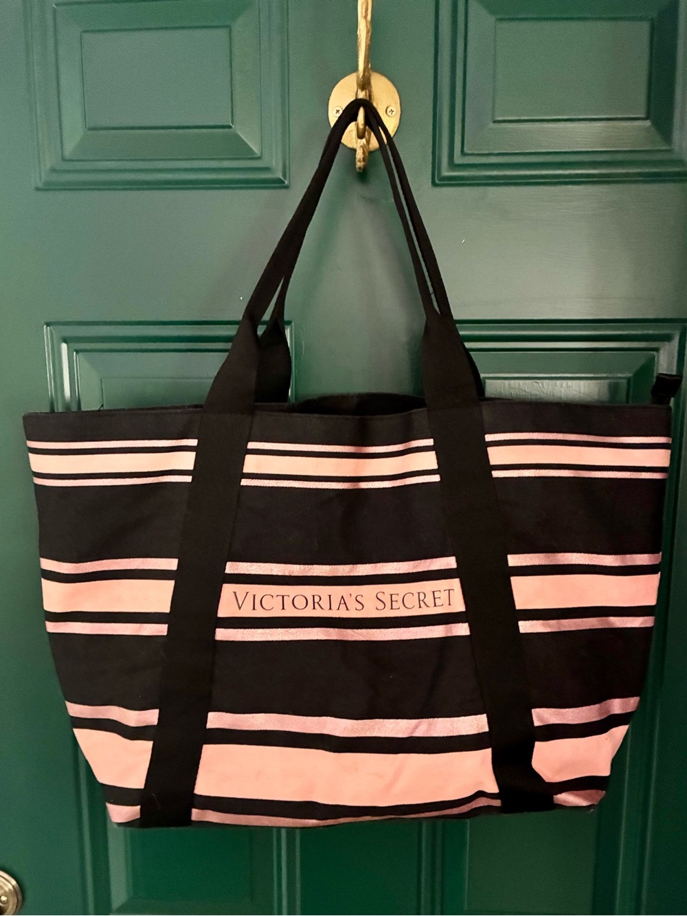 Victoria’s Secret Pink & Black Striped Canvas Tote Bag Large Beach Gym Travel